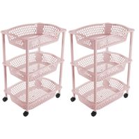 2x stuks keuken opberg trolleys/roltafels met 3 manden 62 cm lichtroze