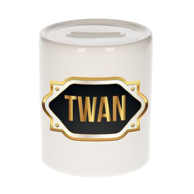 Spaarpot met voornaam Twan - wit - goud/zwart embleem - 8 x 9 cm - keramiek - afsluitdop