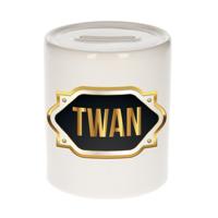 Spaarpot met voornaam Twan - wit - goud/zwart embleem - 8 x 9 cm - keramiek - afsluitdop