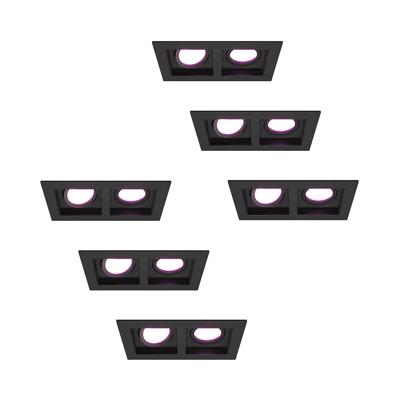 HOFTRONIC™ Set van 6 Fresno Dubbele Inbouwspot - Rechthoek - 2x GU10 - RGBWW 16,5 miljoen kleuren - 11 Watt 690 lumen - Kantelbaar - IP20 stofdicht- Zwart - Met kabelconnectoren