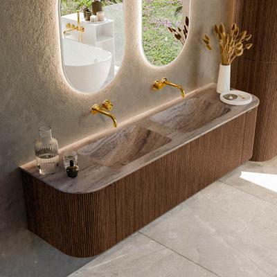 Badmeubel Mondiaz Kurve-Dlux | 170 cm | Meubelkleur Walnut | Wastafelkleur Oza | Solid surface | Wasbak beide zijden spoelbak | Zonder kraangat(en)