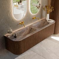 Badmeubel Mondiaz Kurve-Dlux | 170 cm | Meubelkleur Walnut | Wastafelkleur Oza | Solid surface | Wasbak beide zijden spoelbak | Zonder kraangat(en)