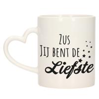 Cadeau koffie/thee mok voor zus - zwart - hartjes oor - de liefste zus - keramiek - 300 ml