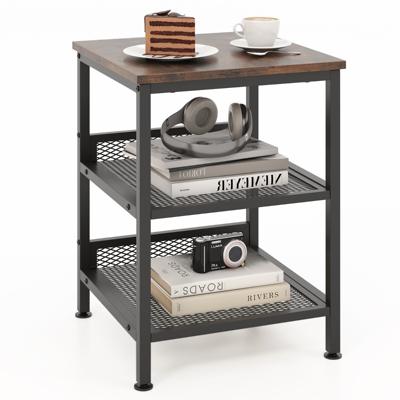 Bijzettafel met 3 Niveaus Vierkant Nachtkastje met 2 Metalen Gaasplanken Bijzettafel in Industriële Stijl 40 x 40 x 54 cm Bruin