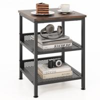Bijzettafel met 3 Niveaus Vierkant Nachtkastje met 2 Metalen Gaasplanken Bijzettafel in Industriële Stijl 40 x 40 x 54 cm Bruin
