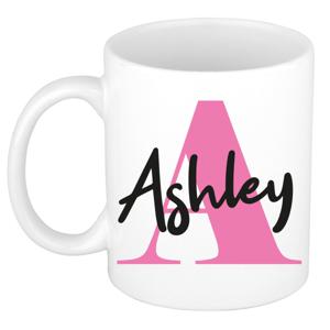 Naam mok Ashley - roze - wit - keramiek - 300 ml - verjaardag/cadeau beker