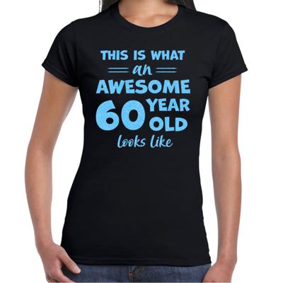 Verkleed T-shirt voor dames - leeftijd 60 jaar - awesome - zwart - glitter blauw - Verjaardagsfeest Verkleed T-shirt voor dames - leeftijd 60 jaar - awesome - zwart - glitter blauw - Verjaardagsfeest