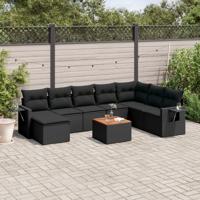 9-delige Loungeset met kussens poly rattan zwart