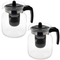 Theepot met filter - 4x stuks - 1,5 liter - zwart - filter - glas - D16 x H17 cm