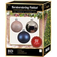 Zilvere/donkerblauwe/lichtroze kerstballen pakket 91-delig voor 150 cm boom   -
