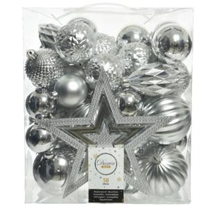 Kerstballen set - 49x st - incl. ster piek - zilver - kunststof - 5-6-8-10 cm