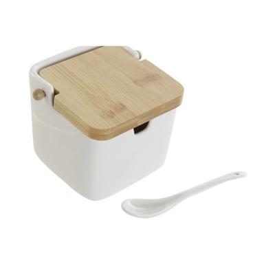 Suikerpotje met lepeltje - wit - porselein - bamboe houten deksel - 11 x 12 cm