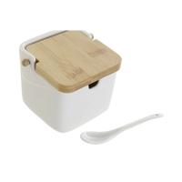 Suikerpotje met lepeltje - wit - porselein - bamboe houten deksel - 11 x 12 cm