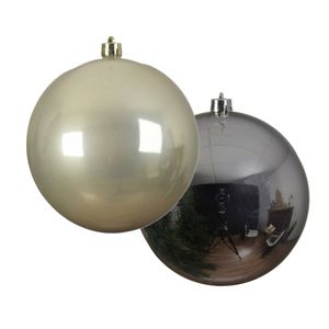 Grote decoratie kerstballen - 2x st - 14 cm - champagne en zilver - kunststof