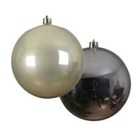 Grote decoratie kerstballen - 2x st - 14 cm - champagne en zilver - kunststof - thumbnail