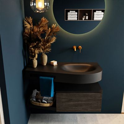 MONDIAZ RIVA 100cm badmeubel onderkast / planchet kleur Dark_Brown met 1 lade. Wastafel DULCET rechts 0 kraangaten kleur Urban. MONDIAZ RIVA 100cm badmeubel onderkast / planchet kleur Dark_Brown met 1 lade. Wastafel DULCET rechts 0 kraangaten kleur Urban.