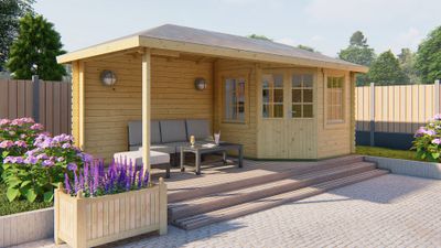 Tuindeco Niklas Blokhut 250x250 cm + overkapping 325 cm 28 mm vuren blank- Puntdak- Onbehandeld vurenhout- Tuindeco