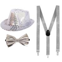Carnaval verkleed set - hoed met strikje en bretels - zilver - glitters - Disco Carnavalaccessoires