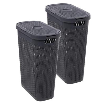 Smalle Wasmand met deksel Rotan - 2x - donkergrijs - gevlochten kunststof - 40 liter - 26 x 46 x 60