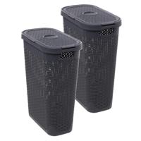 Smalle Wasmand met deksel Rotan - 2x - donkergrijs - gevlochten kunststof - 40 liter - 26 x 46 x 60 Smalle Wasmand met deksel Rotan - 2x - donkergrijs - gevlochten kunststof - 40 liter - 26 x 46 x 60