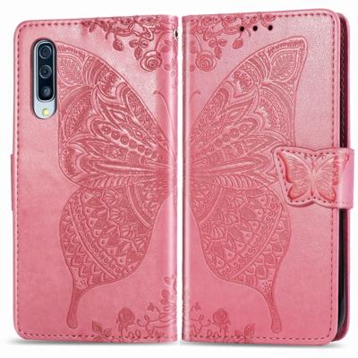 Voor Galaxy A30S Butterfly Love Flower reliëf horizontale Flip lederen draagtas met beugel/kaartsleuf/portemonnee/Lanyard (roze)
