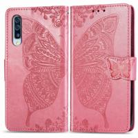 Voor Galaxy A30S Butterfly Love Flower reliëf horizontale Flip lederen draagtas met beugel/kaartsleuf/portemonnee/Lanyard (roze)