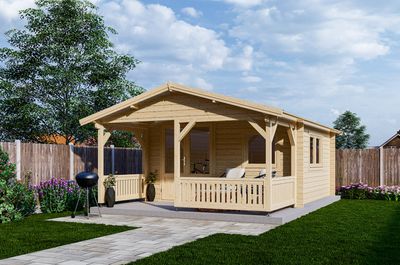 Blokhut 440x440 cm + luifel 200 cm, 50 mm & dubbelglas - geïmpregneerd- Zadeldak- Geïmpregneerd vurenhout- Interflex