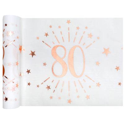 Tafelloper op rol - 80 jaar verjaardag - wit/rose goud - 30 x 500 cm - polyester