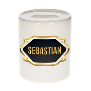 Naam cadeau spaarpot Sebastian met gouden embleem