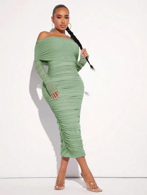 Apricot Off Shoulder Ruched Mesh Bodycon Prom Party Dress Mint Green / S