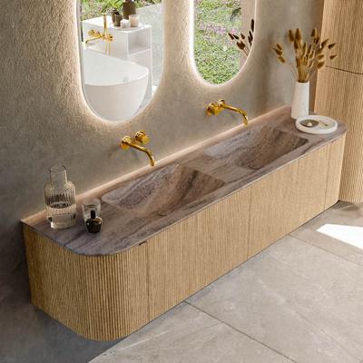Badmeubel Mondiaz Kurve-Dlux | 180 cm | Meubelkleur Oak | Wastafelkleur Oza | Solid surface | Wasbak beide zijden spoelbak | Zonder kraangat(en)