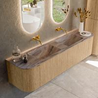 Badmeubel Mondiaz Kurve-Dlux | 180 cm | Meubelkleur Oak | Wastafelkleur Oza | Solid surface | Wasbak beide zijden spoelbak | Zonder kraangat(en)