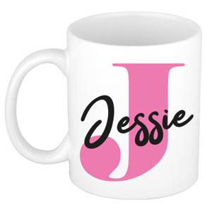 Naam mok Jessie - roze - wit - keramiek - 300 ml - verjaardag/cadeau beker