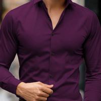 Bon&Bon Men's Casual Long Sleeve Shirt | Black Regular Fit Button Up Purple / M