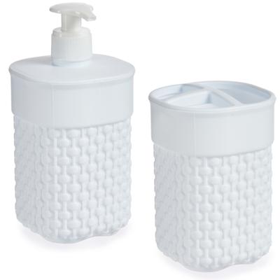Badkamer accessoires set - 2-delig wit - kunststof - Zeeppompje - Tandenborstelbeker