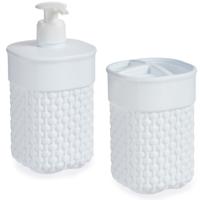 Badkamer accessoires set - 2-delig wit - kunststof - Zeeppompje - Tandenborstelbeker