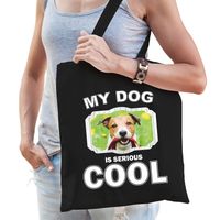 Jack russel honden tasje zwart volwassenen en kinderen - my dog serious is cool kado boodschappentas - thumbnail