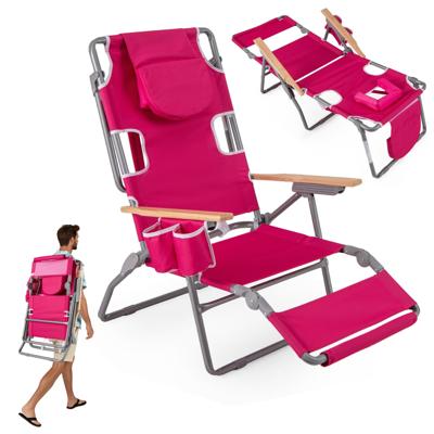 3-in-1 Opvouwbare Strandstoel Campingstoel met Voetsteun Verstelbare Rugleuning & Kussen Draagbare Ligstoel Rozenrood
