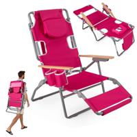 3-in-1 Opvouwbare Strandstoel Campingstoel met Voetsteun Verstelbare Rugleuning & Kussen Draagbare Ligstoel Rozenrood