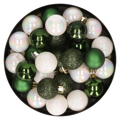 Decoris Mini kerstballen - 28x - parelmoer wit en donkergroen - D3cm - kunststof