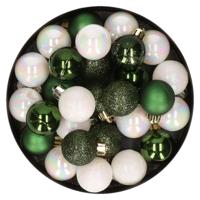 Decoris Mini kerstballen - 28x - parelmoer wit en donkergroen - D3cm - kunststof
