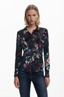 Bloemen tule shirt met knopen - BLACK - XL