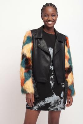 Bikerjack met kleurrijke mouwen van imitatiebont - BLACK - XL