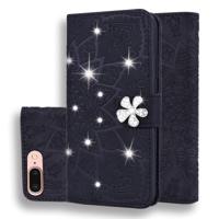 iPhone 7 Plus & 8 Plus met nep diamanten ingelegd uniek 3D mandala patroon PU leren Flip Hoesje met houder en opbergruimte voor pinpassen & geld (zwar