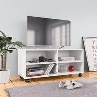 Tv-meubel met wieltjes 90x35x35 cm bewerkt hout wit - thumbnail