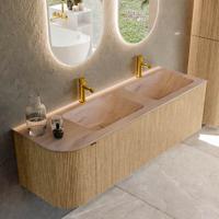 Badmeubel Mondiaz Kurve-Dlux | 145 cm | Meubelkleur Oak | Wastafelkleur Saba | Solid surface | Dubbel / Rechts spoelbak | 2 kraangaten