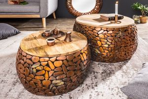 Set van 2 ronde salontafels STONE MOSAIC 65cm koper mangohout metaal mozaiek ontwerp handgemaakt - 41432