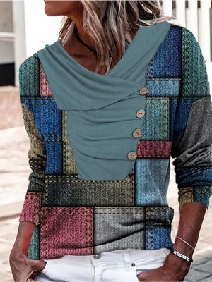 Casual Colorblock Loose Buttoned Long sleeve Top