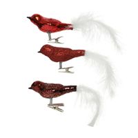 3x stuks glazen decoratie vogels op clip glans/glitter rood 8 cm   -