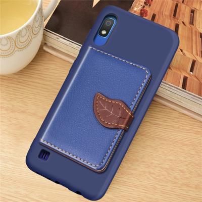Litchi patroon kaart tas portemonnee beugel + TPU telefoon geval met kaartsleuf portemonnee beugel functie voor Galaxy A10 (blauw)